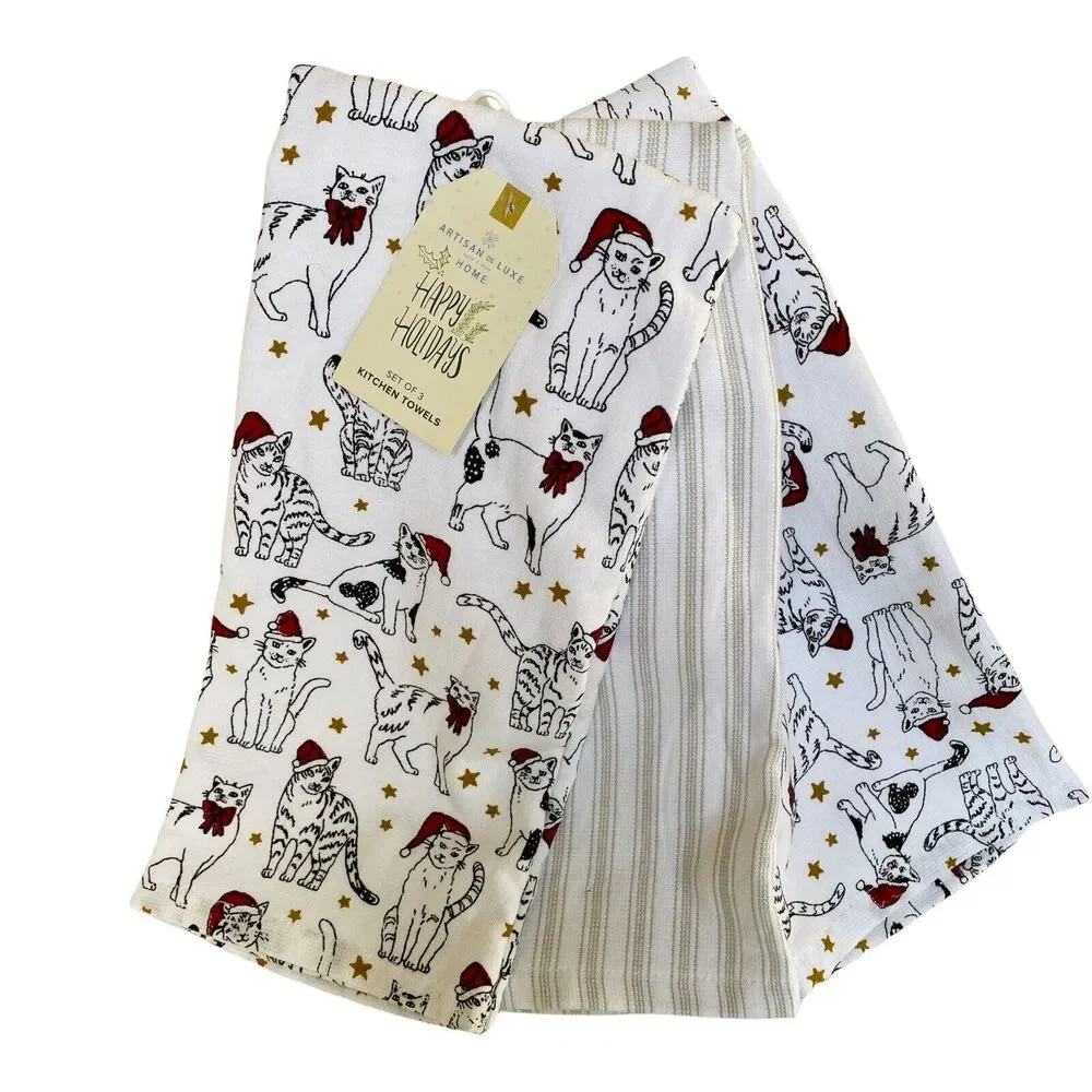 NWT Holiday Multi Christmas Cats & Stars Cat 3 piece Kitten Kitchen Towel Set